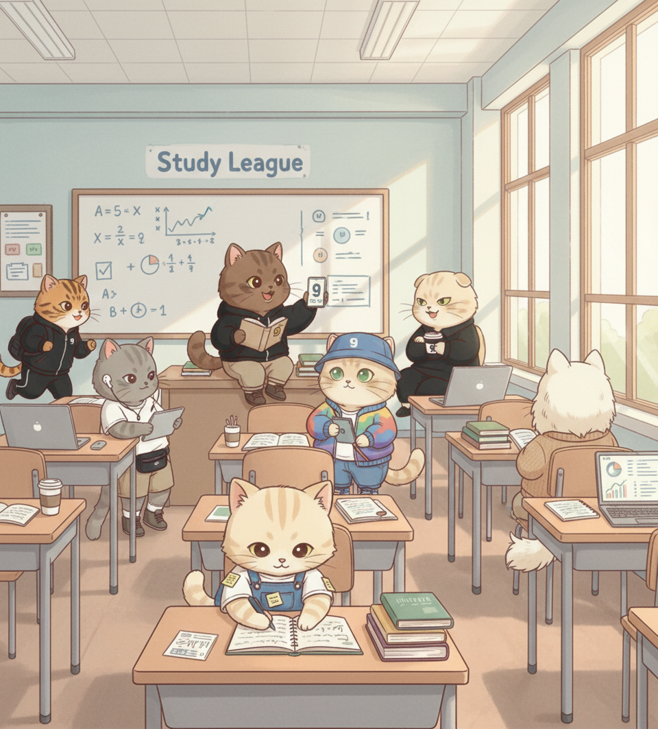 Study League の Cat9 — 大学の教室に集まった 9 匹の猫の学生たち